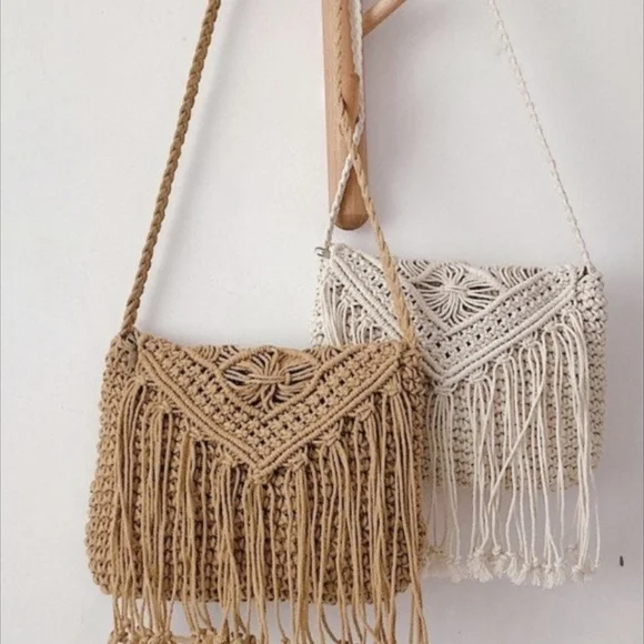 Bohemian Shoulder Bag Crocheted Crossbody Hippie purse 70s Style - Picture 2 of 16